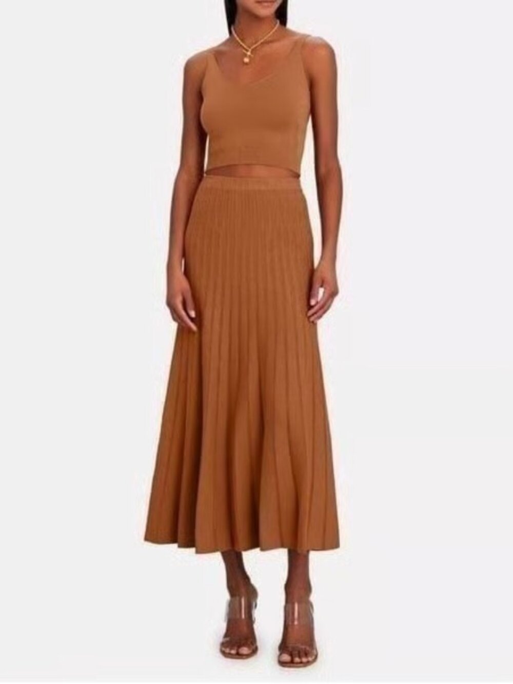 Ronny Kobo 'Laine' Pleated Engineered Knit Midi Skirt XS in Brown (Burnt Orange)